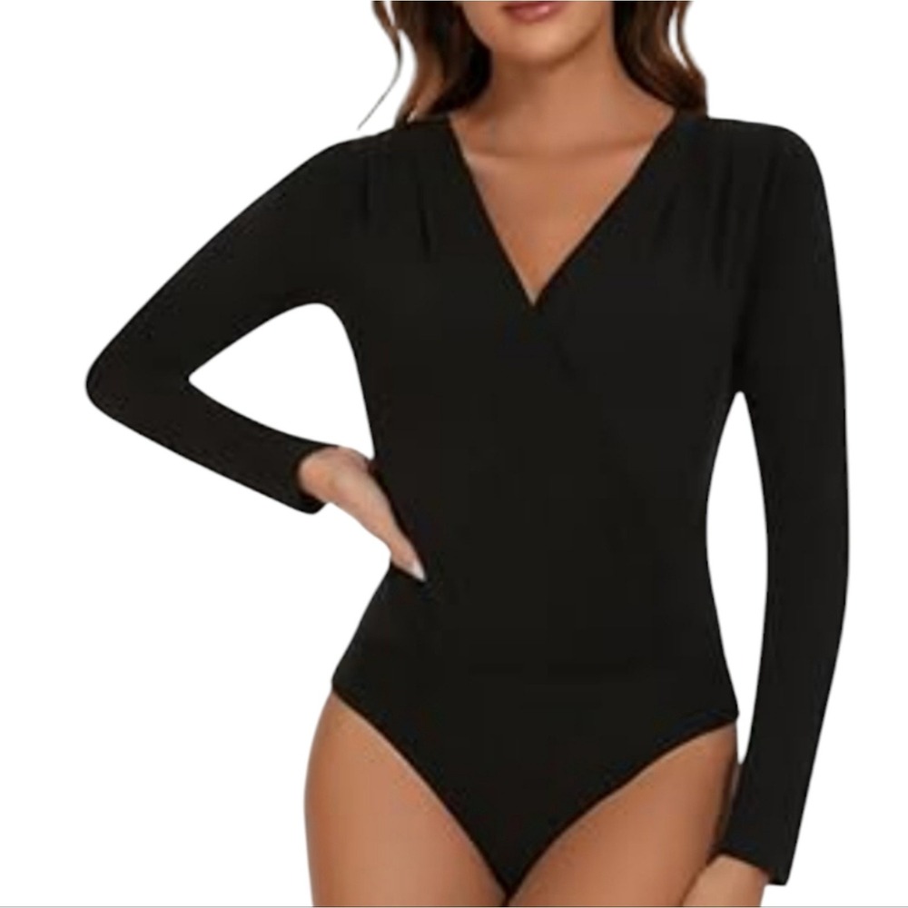 J. Crew Chic Black Long Sleeve Stretch Surplice V-Neck Bodysuit Size XS NEW